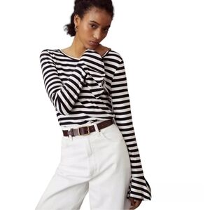 Maeve by Anthropologie Black White Striped Flouncy Top Bell Sleeves Size XS